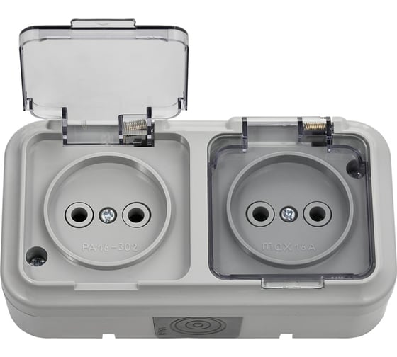 Изображение товара Розетка Bylectrica 2-местная ОУ IP54, с прозрачной крышкой, серия ПРАЛЕСКА АКВА, серый, РА16-302 02