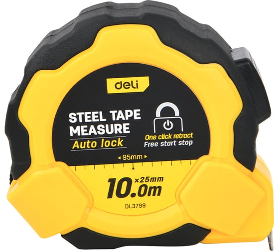 Изображение товара Рулетка DELI 10м х 25мм DL3799 (Автостоп, ударопрочный обрезиненный корпус, метрическая, клипса, ремешок) 166282