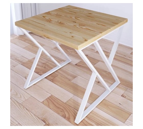 Изображение товара Стол кухонный Solarius Loft с квадратной столешницей без покрытия из массива сосны 40 мм и белыми металлическими Z-образными ножками, 60x60x75 см 703-10189