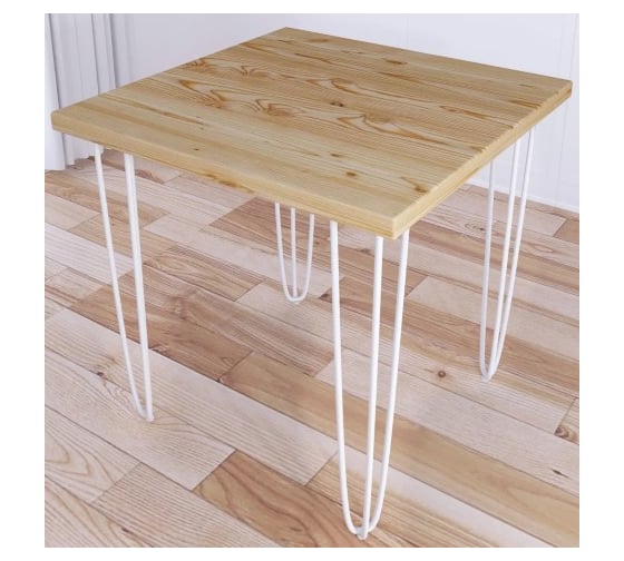 Изображение товара Стол кухонный Solarius Loft с квадратной столешницей из массива сосны 40 мм без шлифовки и покраски на белых металлических ножках-шпильках, 75x75x75 см 710-10145