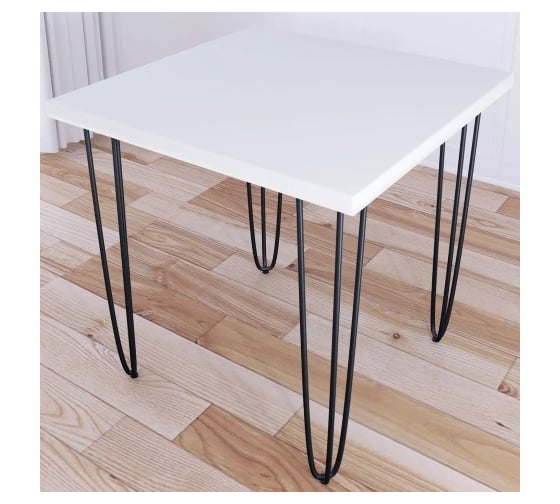 Изображение товара Стол кухонный Solarius Loft с квадратный столешницей белого цвета из массива сосны 40 мм и черными ножками-шпильками, 60x60x75 см 710-10026
