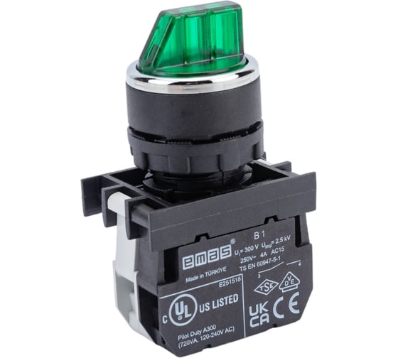 Изображение товара Переключатель Emas с подсветкой светодиод 0-1 без фиксации зеленый 1НО 12-30 B190SL21Y