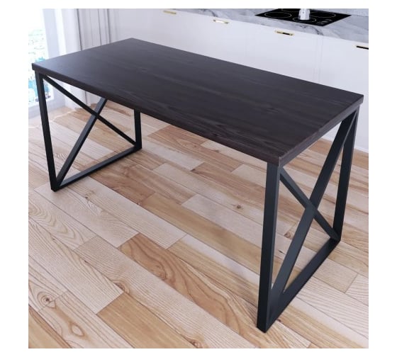 Изображение товара Стол кухонный Solarius Loft со столешницей цвета венге из массива сосны 40 мм и черными металлическими крестообразными ножками, 140x60x75 см 702-10108