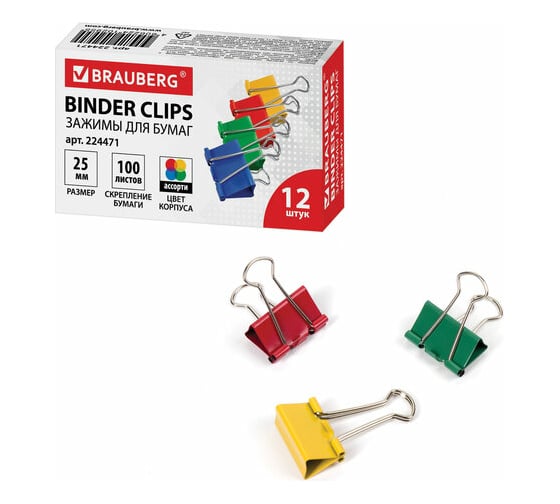 Изображение товара Зажимы для бумаг 12 шт в упаковке BRAUBERG КОМПЛЕКТ  25 мм на 100 листов цветные карт.кор. 12 шт 224471