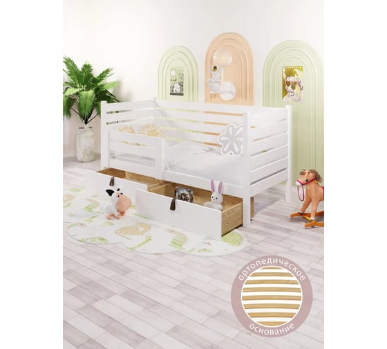 Изображение товара Односпальная кровать Solarius подростковая, из массива сосны, с ортопедическим основанием и высокими бортиками, 90x180 см, габариты 100x190 см, с двумя выкатными ящиками, белый det-spin90-180bel-orto-2yash