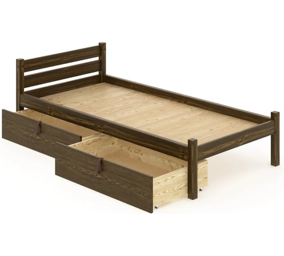 Изображение товара Односпальная кровать Solarius Классика из массива сосны, со сплошным основанием, 190x80 см, габариты 200x90 см, с двумя выкатными ящиками, темный дуб 80kltemd-190-full-2yash