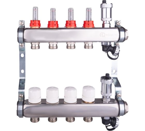 Изображение товара Коллекторная группа AQUALINK с расходомерами, сливным краном и автоматическим воздухоотводчиком, нерж. сталь 1"х11х3/4" 2709