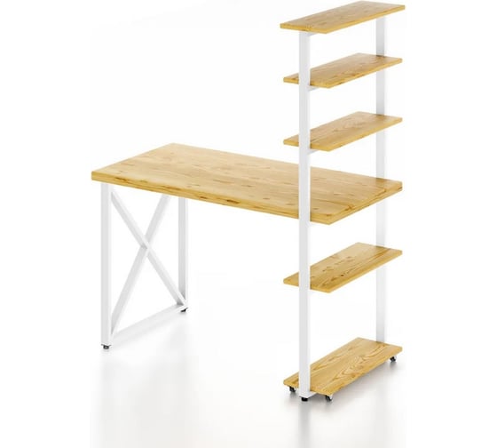 Изображение товара Стол компьютерный Solarius Loft с пятью полками, столешница без покраски из массива сосны 40 мм и белые металлические крестообразные ножки, 110x80x145 см stol-comp11080-krest-white