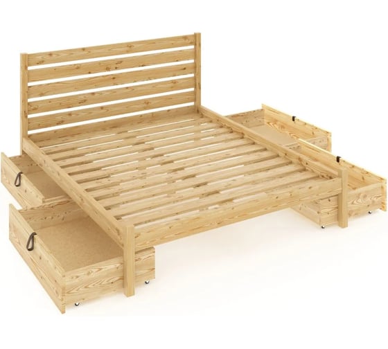 Изображение товара Кровать двуспальная Solarius Классика из массива сосны, с реечным основанием и высокой спинкой, 150x190 см, с четырьмя выкатными ящиками, без покрытия klas-spin150-190-4yash