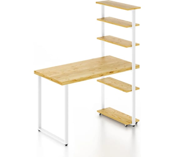 Изображение товара Стол компьютерный Solarius Loft с пятью полками, столешница без шлифовки и покрытия из массива сосны 40 мм и белые металлические ножки, 100x80x145 см stol-comp10080net-white