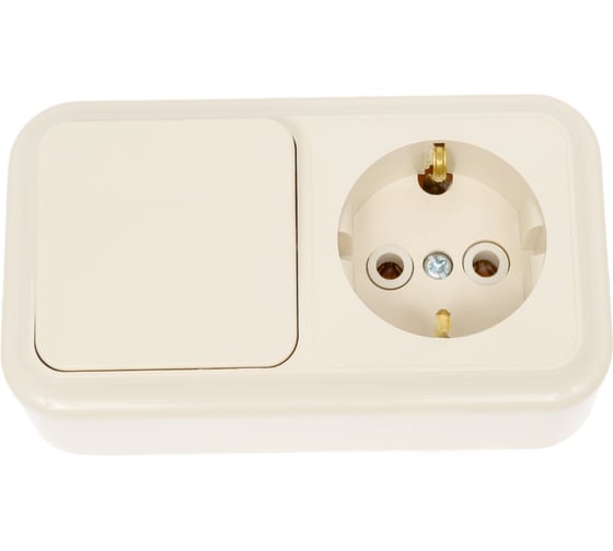 Изображение товара Блок Bylectrica 1 выключатель + розетка с заземляющим контактом ОУ, серия ПРАЛЕСКА, В-РЦ-527 бежевый