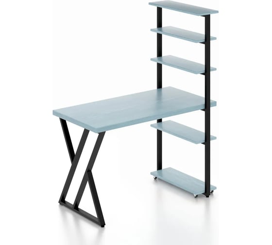 Изображение товара Стол компьютерный Solarius Loft с пятью полками, столешница голубого цвета из массива сосны 40 мм и черные металлические Z-образные ножки, 140x60x145 см stol-comp14060gol-Z-black