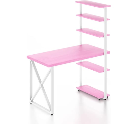 Изображение товара Стол компьютерный Solarius Loft с пятью полками, столешница розового цвета из массива сосны 40 мм и белые металлические крестообразные ножки, 130x80x145 см stol-comp13080roz-krest-white