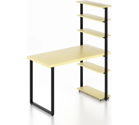 Изображение товара Стол компьютерный Solarius Loft с пятью полками, столешница цвета ванили из массива сосны 40 мм и черные металлические ножки, 130x80x145 см stol-comp13080van-black