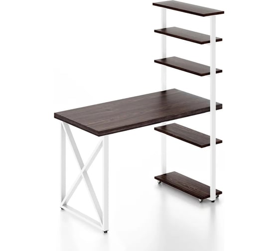Изображение товара Стол компьютерный Solarius Loft с пятью полками, столешница цвета венге из массива сосны 40 мм и белые металлические крестообразные ножки, 140x80x145 см stol-comp14080ven-krest-white