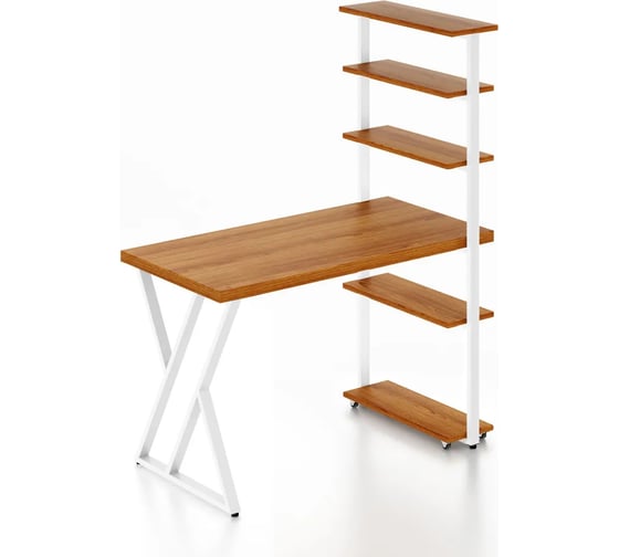 Изображение товара Стол компьютерный Solarius Loft с пятью полками, столешница цвета ольхи из массива сосны 40 мм и белые металлические Z-образные ножки, 90x80x145 см stol-comp9080olha-Z-white