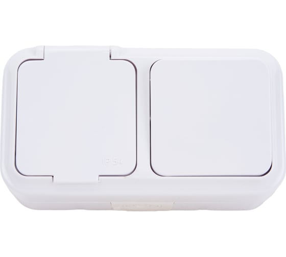 Изображение товара Блок Bylectrica 1 выключатель + розетка с заземляющим контактом ОУ IP54, серия ПРАЛЕСКА АКВА, белый, В-РЦ-657