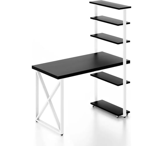 Изображение товара Стол компьютерный Solarius Loft с пятью полками, столешница цвета черного оникса из массива сосны 40 мм и белые металлические крестообразные ножки, 100x60x145 см stol-comp10060onix-krest-white
