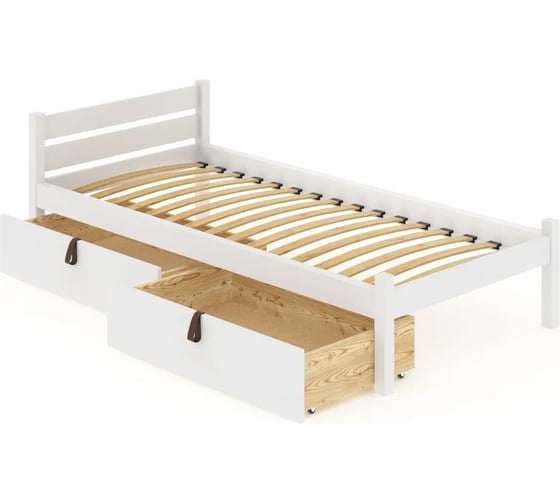 Изображение товара Кровать односпальная Solarius Классика из массива сосны, с ортопедическим основанием, 190x80 см, габариты 200x90, с двумя выкатными ящиками, цвет белый 80klortobel-190-2yash