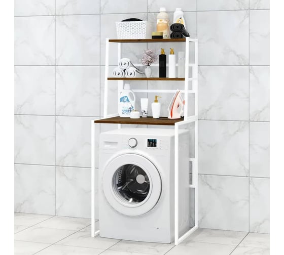 Изображение товара Стеллаж для ванной, напольный стеллаж над стиральной машинкой Solarius белый металлический каркас, 3 полки цвета темного дуба из массива сосны, 70x59,5x163,5 см stellaz3temd-white