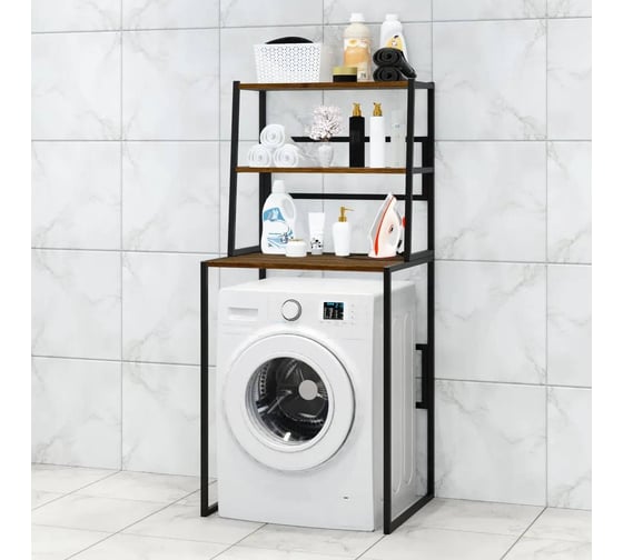 Изображение товара Стеллаж для ванной, напольный стеллаж над стиральной машинкой Solarius черный металлический каркас, 3 полки цвета темного дуба из массива сосны, 70x59,5x163,5 см stellaz3temd-black
