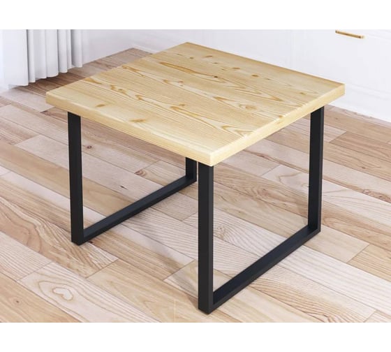 Изображение товара Стол журнальный Solarius Loft с квадратной столешницей из массива сосны 40 мм без шлифовки и покраски, с черными металлическими ножками, 80x80x50 см 701-10248