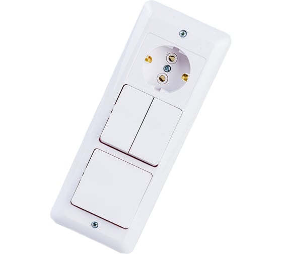 Изображение товара Блок Bylectrica 1 клавиша + 2 клавиши + розетка с заземляющим контактом СУ, серия ПАРИТЕТ, цвет белый, 3В-РЦ-651