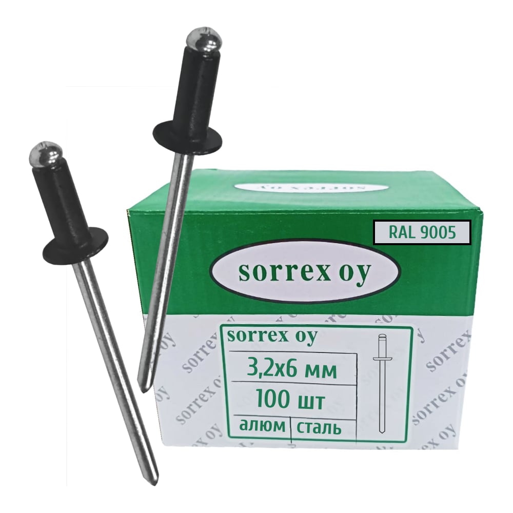 Изображение товара Заклепка вытяжная SORREX цветная алюминий/сталь 3,2x6 RAL 9005 Глубокий черный OY 100 штук 2ASD 32600 RAL 9005 100