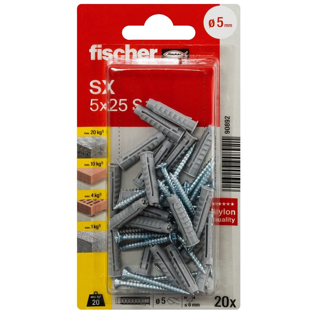 Изображение товара Дюбель fischer с шурупом 5x25 SX 20 шт для бетона и кирпича