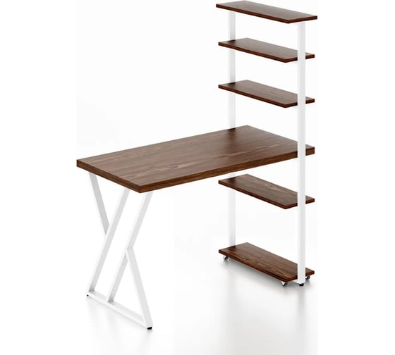 Изображение товара Стол компьютерный Solarius Loft с пятью полками, столешница цвета темного дуба из массива сосны 40 мм и белые металлические Z-образные ножки, 140x60x145 см stol-comp14060temd-Z-white
