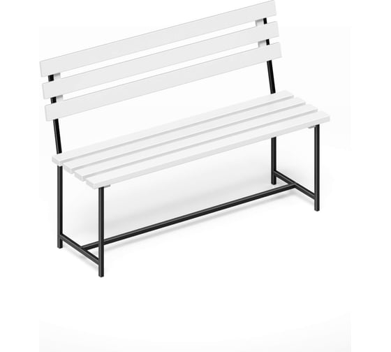 Изображение товара Скамейка садовая Solarius Классика с деревянными спинкой и сиденьем белого цвета, лавочка для дачи с черным металлическим каркасом skam-spin-bel