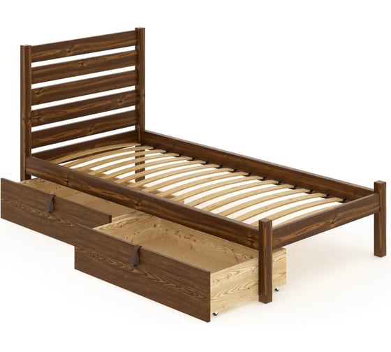 Изображение товара Кровать односпальная Solarius Классика из массива сосны, с ортопедическим основанием и высокой спинкой, 90x190 см, с двумя выкатными ящиками, цвет темного дуба klasorto-spin90temdub-190-2yash