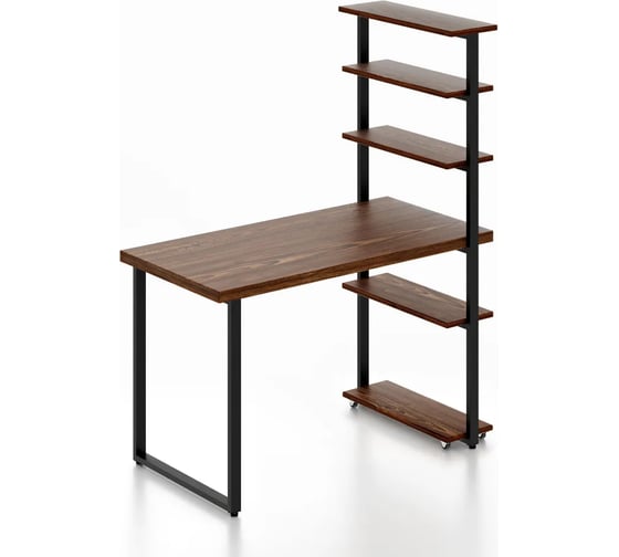 Изображение товара Стол компьютерный Solarius Loft с пятью полками, столешница цвета темного дуба из массива сосны 40 мм и черные металлические ножки, 130x80x145 см stol-comp13080temd-black