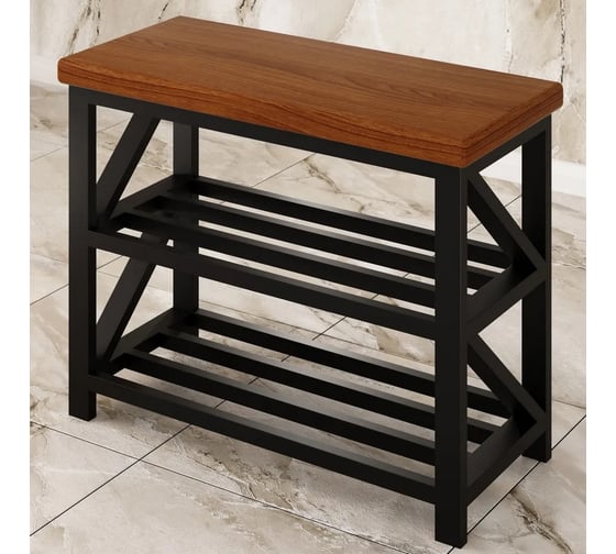 Изображение товара Обувница банкетка Solarius Лофт в прихожую, черный металлический каркас с полками для обуви, цвет ольхи 101-10017