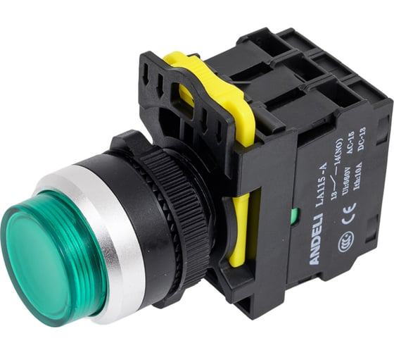 Изображение товара Кнопка ANDELI LA115-A5-11GND/3 зеленый 1НО+1НЗ AC220V (LED) ADL10-278