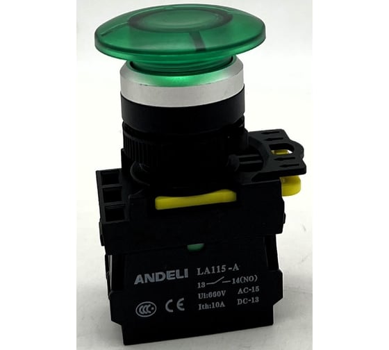 Изображение товара Кнопка грибок ANDELI Зеленый 1НО+1НЗ с LED подсветкой LA115-A5-11MD/13 AC220V артикул ADL10-353