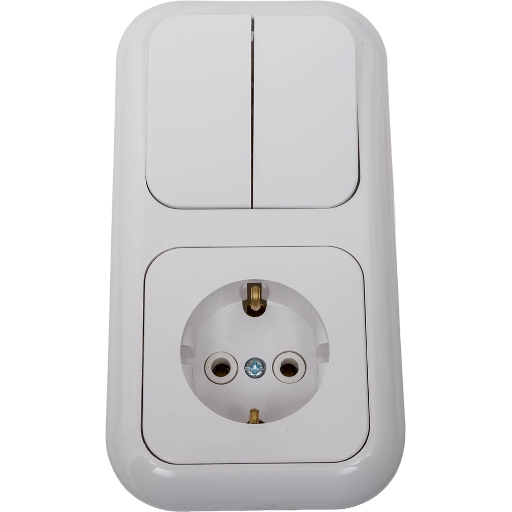 Изображение товара Блок Bylectrica 2 выключателя и розетка с заземляющим контактом серии ГАРМОНИЯ белый