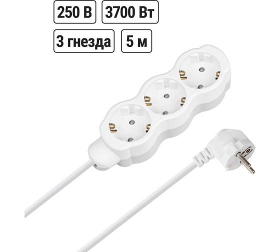 Изображение товара Удлинитель бытовой TDM ELECTRIC Люкс 3 гнезда, 5 м, с/з, с з/ш, ПВС 3x1,5 мм2, 16 А, 250 В, 3700 Вт TDM ELECTRIC SQ1303-4056
