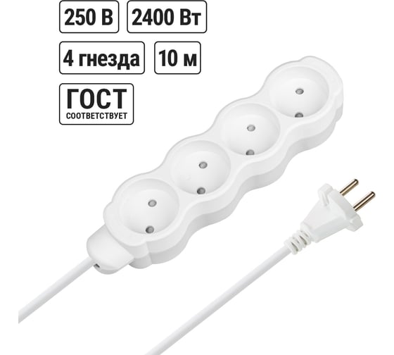 Изображение товара Удлинитель бытовой TDM ELECTRIC Люкс 4 гнезда, 10 м, б/з, с з/ш, ПВС 2x1,0 мм2, 10 А, 250 В, 2400 Вт TDM ELECTRIC SQ1303-4010