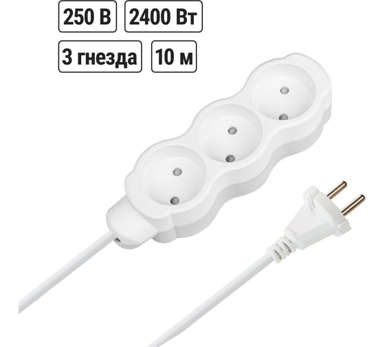 Изображение товара Удлинитель бытовой TDM ELECTRIC Люкс 3 гнезда, 10 м, б/з, с з/ш, ПВС 2x1,0 мм2, 10 А, 250 В, 2400 Вт TDM ELECTRIC SQ1303-4005