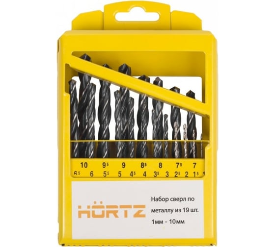 Изображение товара Набор сверл по металлу (19 шт; 1-10 мм; Р6М5) в металлическом кейсе Hortz 238140