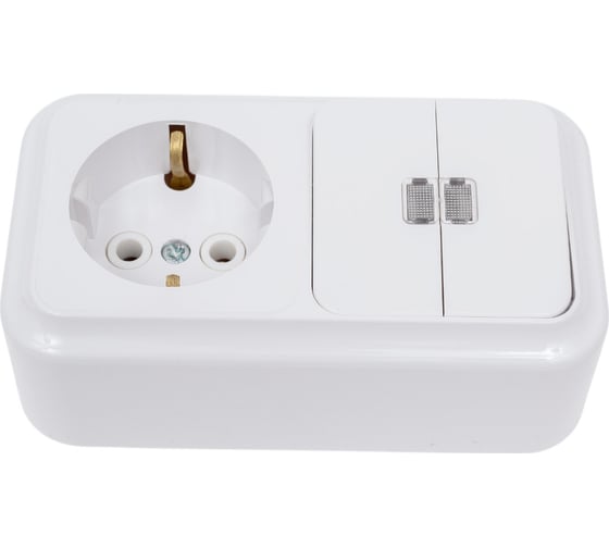 Изображение товара Блок Bylectrica, 2 выключателя + розетка с заземляющим контактом ОУ с подсветкой, серия ПРАЛЕСКА, белый 2В-РЦ-569