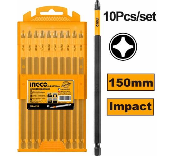 Изображение товара Набор ударных бит IMPACT (10 шт; РН2; 150 мм) INGCO SDBIM11PH263