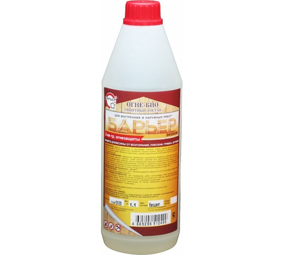 Изображение товара Огнебиозащитный состав для древесины Барьер -ЭКОНОМ бесцветный, бутылка 1,1 кг 4665296512499