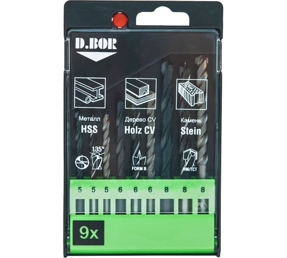 Изображение товара Набор сверл D.BOR MIX металл, дерево, камень, 9 шт (5 - 8 мм) D-DB-MIX1-PS1-09