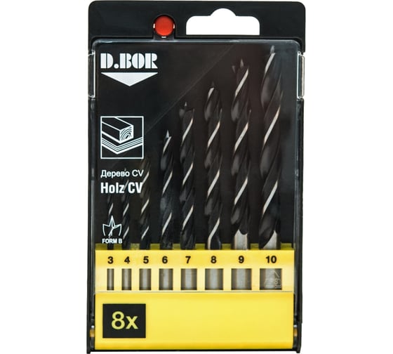 Изображение товара Набор сверл по дереву спиральных, D.BOR 8 шт (3 - 10 мм) D-DBW1-TW1-C-PS1-08