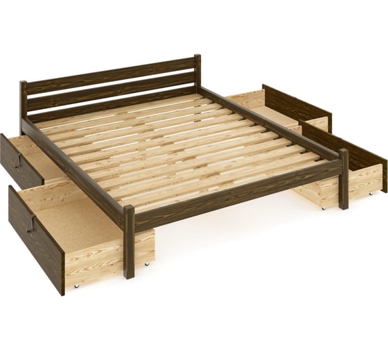 Изображение товара Кровать двуспальная Solarius Классика из массива сосны, с реечным основанием 200x140 см (габариты 210x150), с четырьмя выкатными ящиками, цвет темного дуба 140kltemd-4yash