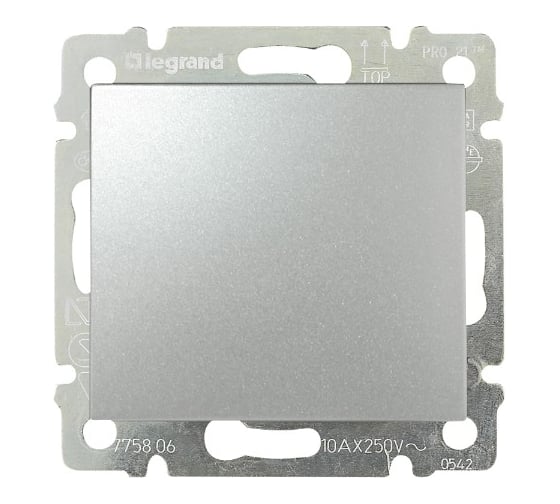 Изображение товара Выключатель Legrand кнопочный одноклавишный - Valena - 10А 250В схема 1P безвинтовые зажимы - алюминий 770111
