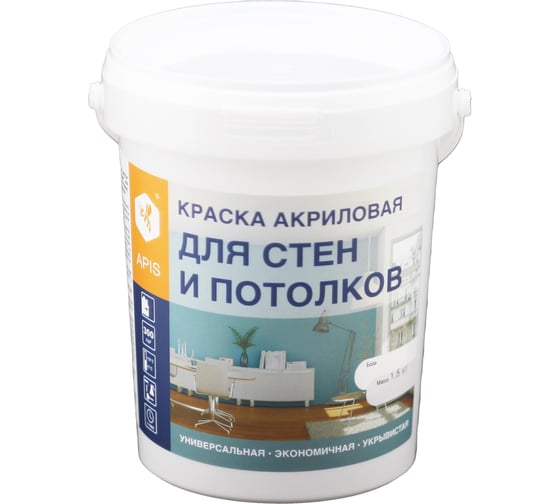 Изображение товара Акриловая краска для стен и потолков APIS белая ведро 1,5 кг 4665296515087