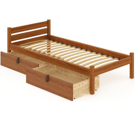 Изображение товара Кровать односпальная Solarius Классика из массива сосны с ортопедическим основанием 200x90 см (габариты 210x100), с двумя выкатными ящиками, цвет ольхи 90klortoolha-2yash